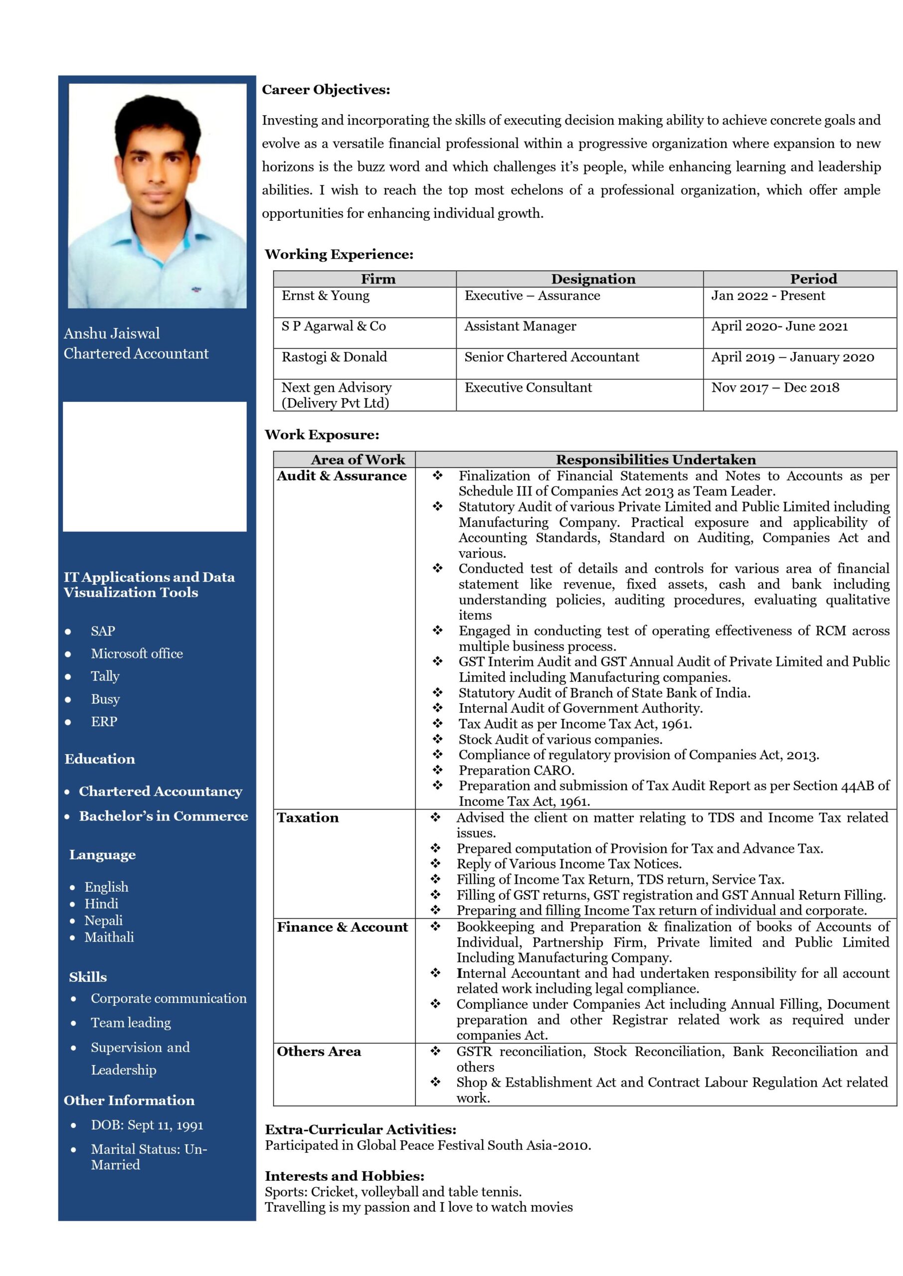 Anshu Jaiswal – Chartered Accountant Experienced – Srisattva Group