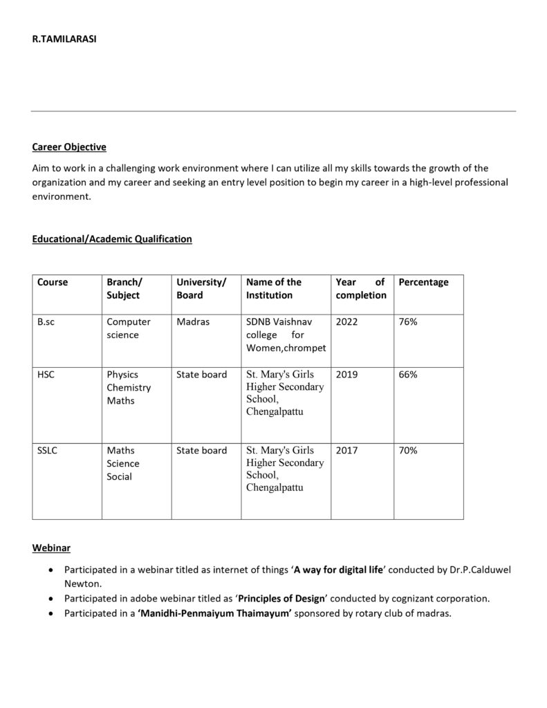 R.TAMILARASI Science) Fresher Srisattva Group